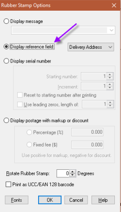 Rubber stamp options, Display reference field