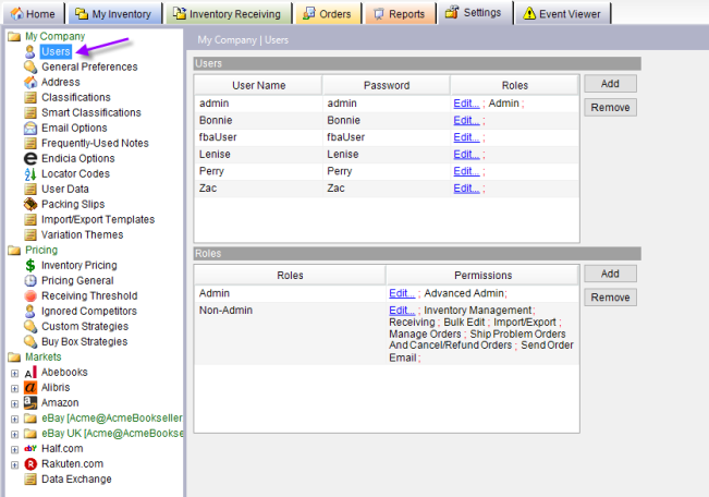 Users settings overview