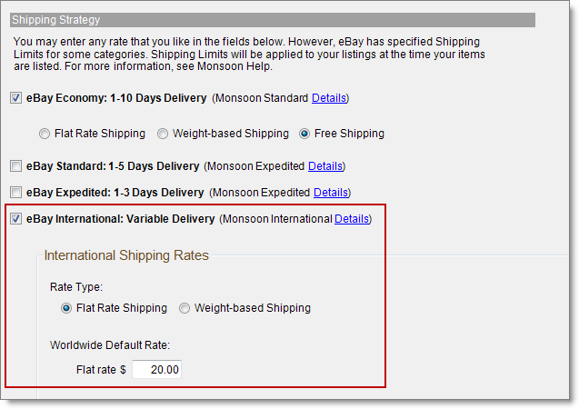 eBay international variable delivery