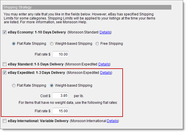 eBay weight-based shipping
